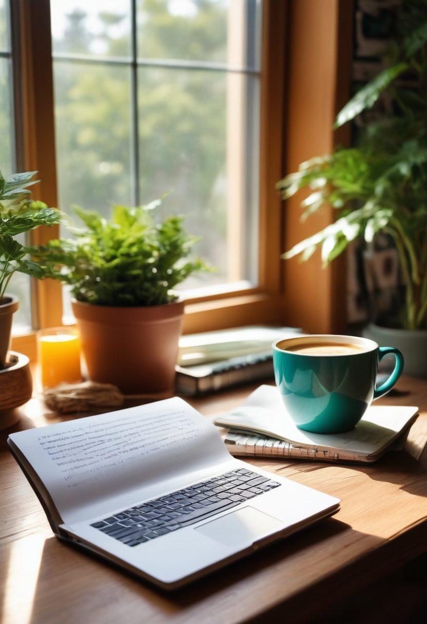 A cozy workspace filled with notebooks, colorful pens, and a laptop displaying a vibrant blog page. Bright sunlight pouring in through a window, illuminating inspirational quotes on the walls. A steaming cup of coffee sits beside the laptop, radiating warmth and creativity. Soft greens and warm wood tones dominating the scene, inviting a sense of comfort and inspiration. super-realistic. vibrant colors. cozy atmosphere.