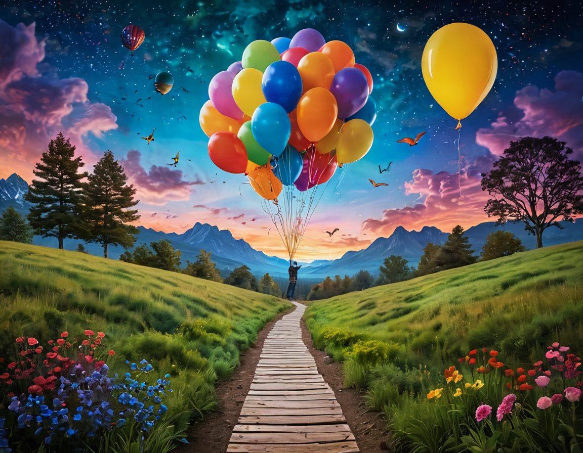 A surreal landscape showcasing a whimsical path lined with unexpected surprises like colorful balloons, floating books, and curious creatures. Above, a vibrant sky transitions from day to night, symbolizing inspiration and creativity. The path invites the viewer to explore the unknown, with soft glowing lights leading the way. Emphasize a sense of wonder and excitement. vibrant colors. surreal art.