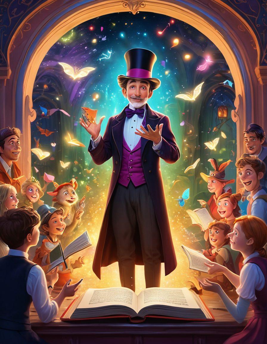 A whimsical and colorful scene depicting a magician unveiling a surprise storybook filled with mystical creatures and unexpected twists. The audience, a diverse group of enchanted listeners, reacts with awe and delight. Soft, glowing lights cast a magical atmosphere, reflecting the essence of storytelling and surprise. Incorporate elements of fantasy, such as floating books and animated characters. vibrant colors. whimsical illustration.